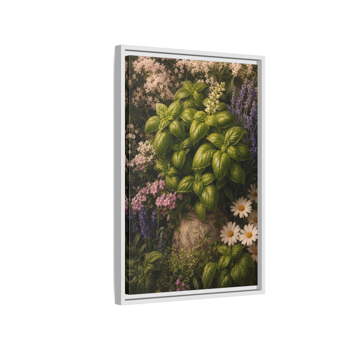 Side Mockup 1. Nature Basil Green Botanical shown as framed canvas print