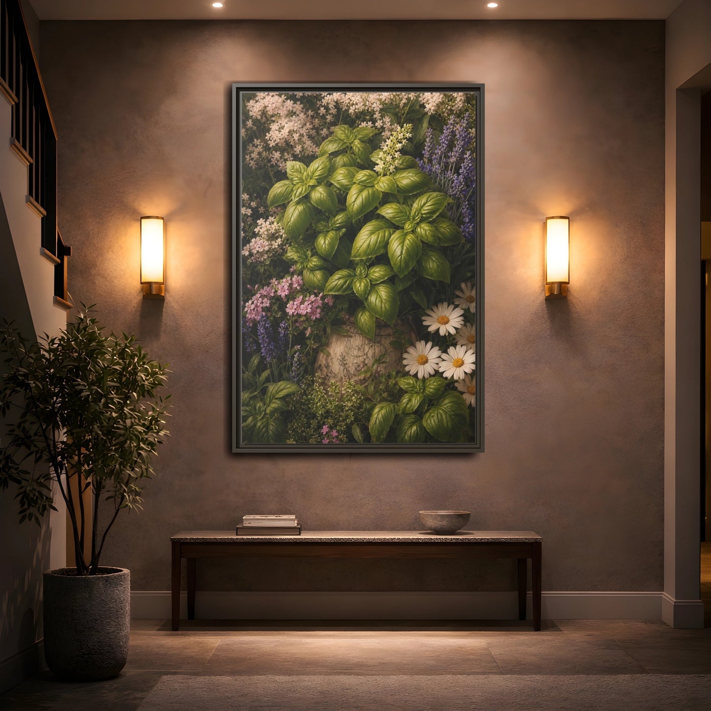 Mockup 2. Nature Basil Green Botanical shown as framed canvas print