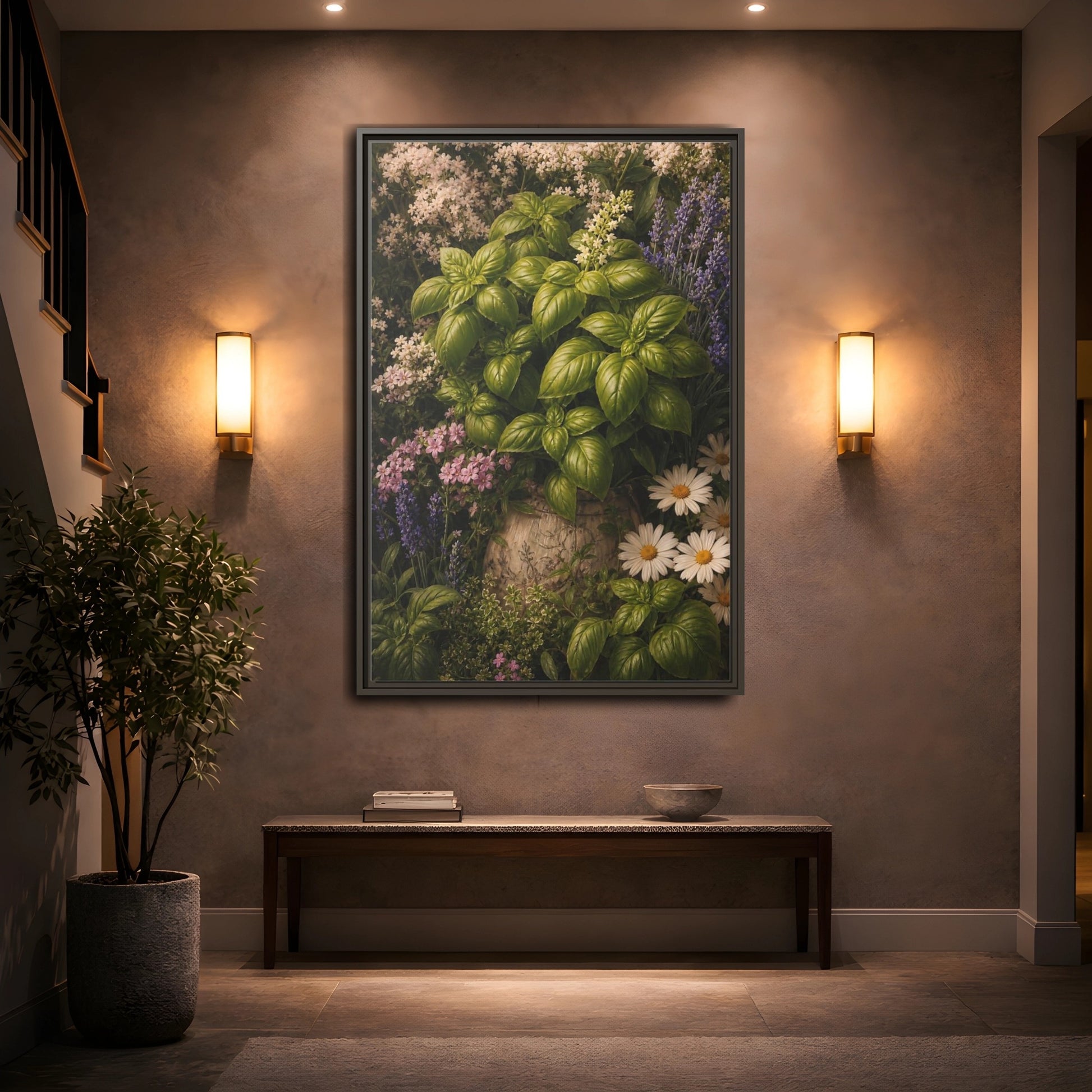 Mockup 2. Nature Basil Green Botanical shown as framed canvas print