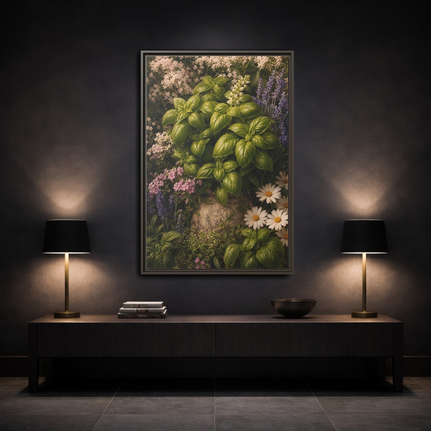 Mockup 3. Nature Basil Green Botanical shown as framed canvas print