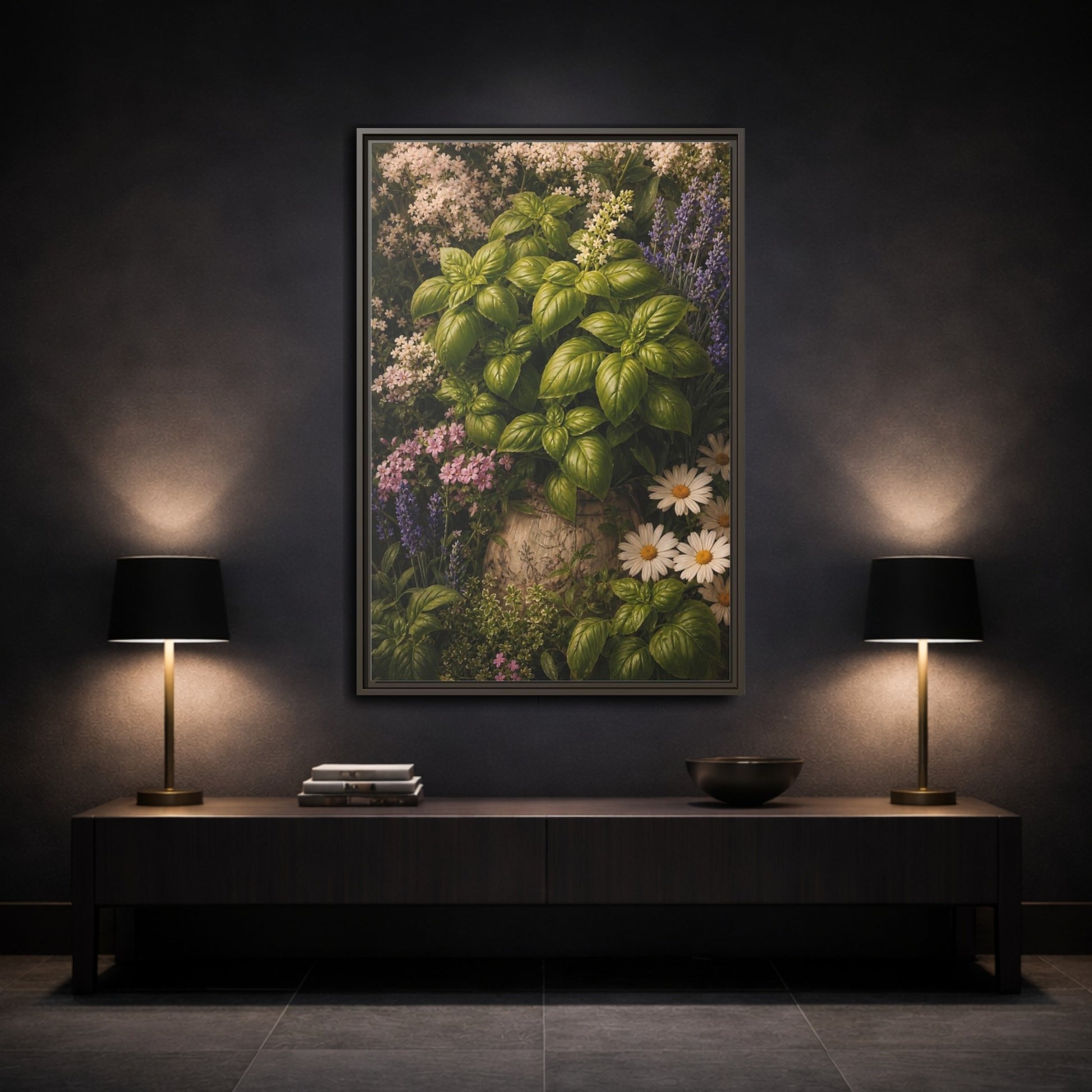 Mockup 3. Nature Basil Green Botanical shown as framed canvas print