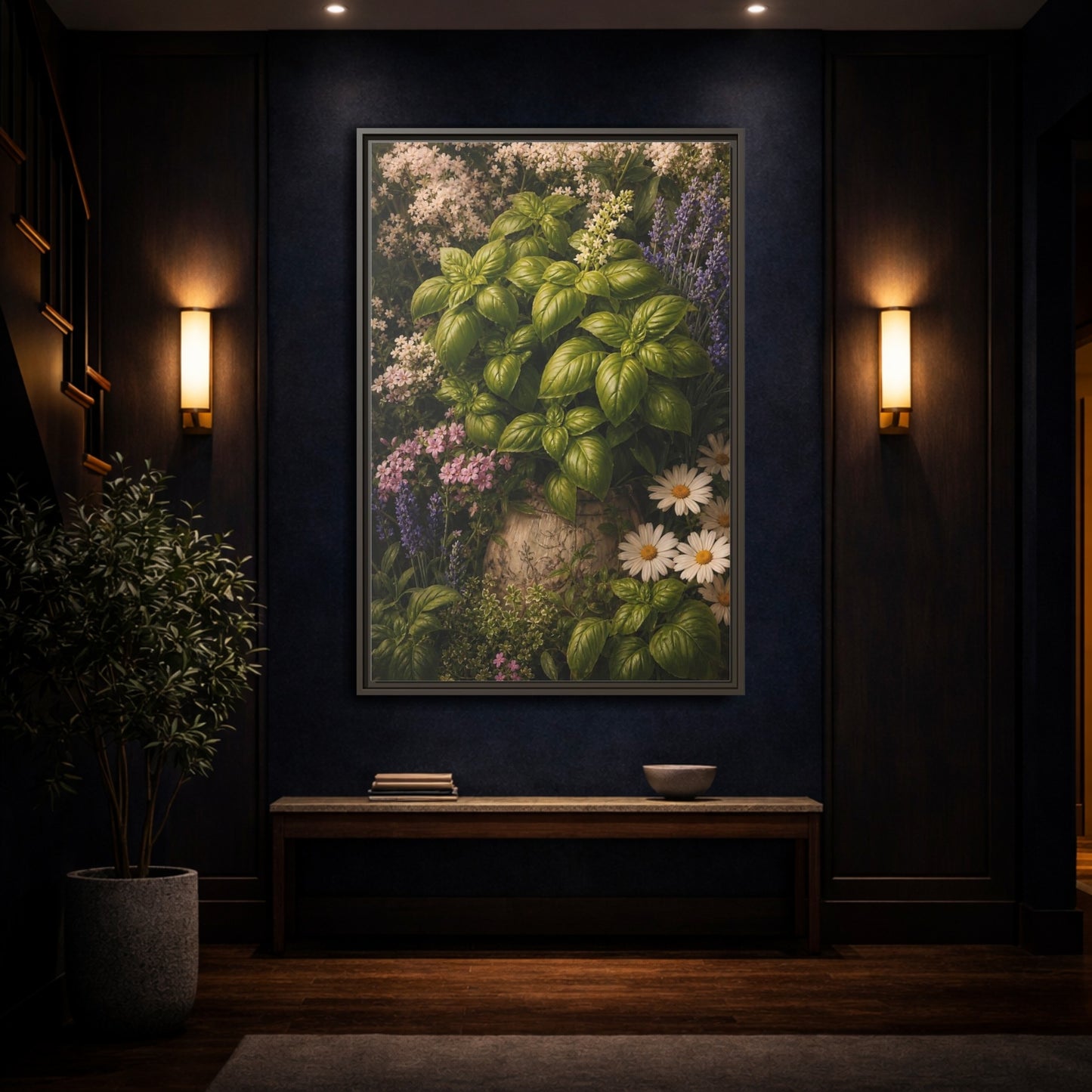 Mockup 4. Nature Basil Green Botanical shown as framed canvas print
