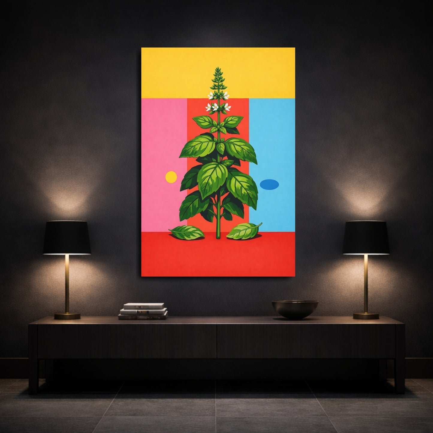 Mockup 2. Nature Basil Plant Colorful Basil Plant shown as stretched canvas wall art