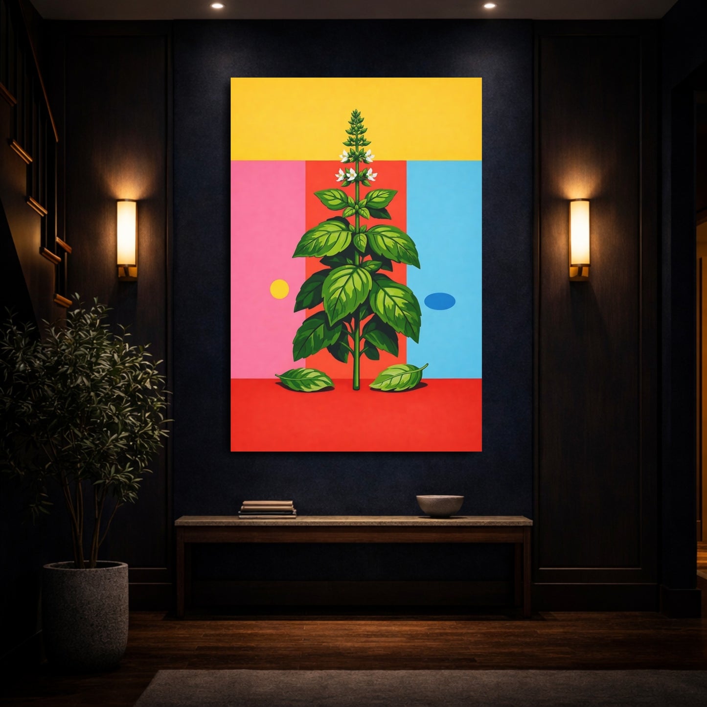Mockup 3. Nature Basil Plant Colorful Basil Plant shown as stretched canvas wall art