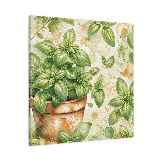 Main Mockup. Nature Basil Plant Green Basil shown as stretched canvas wall art