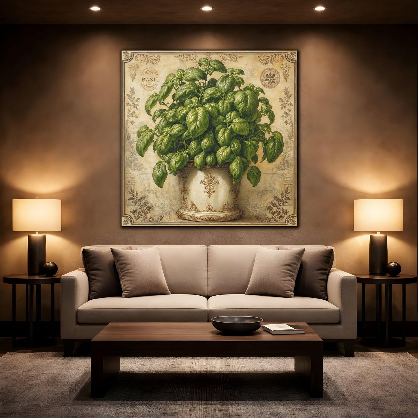 Mockup 2. Nature Basil Plant Green Basil Vintage shown as stretched canvas wall art