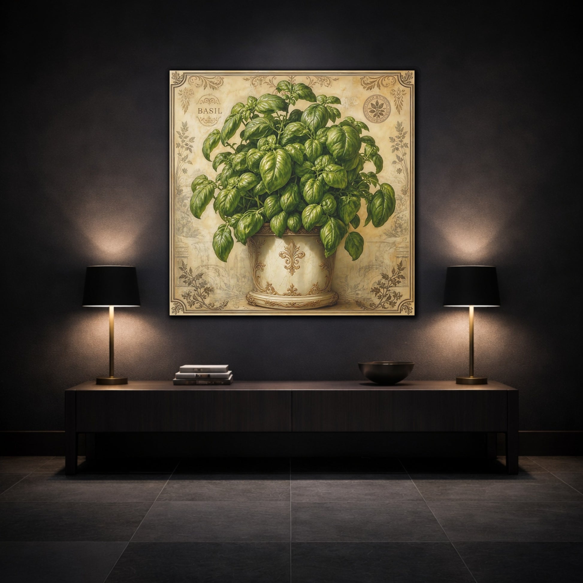 Mockup 3. Nature Basil Plant Green Basil Vintage shown as stretched canvas wall art