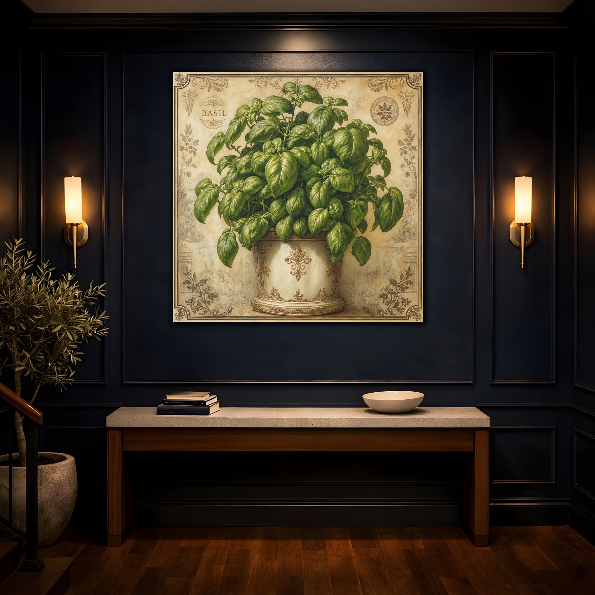 Mockup 4. Nature Basil Plant Green Basil Vintage shown as stretched canvas wall art