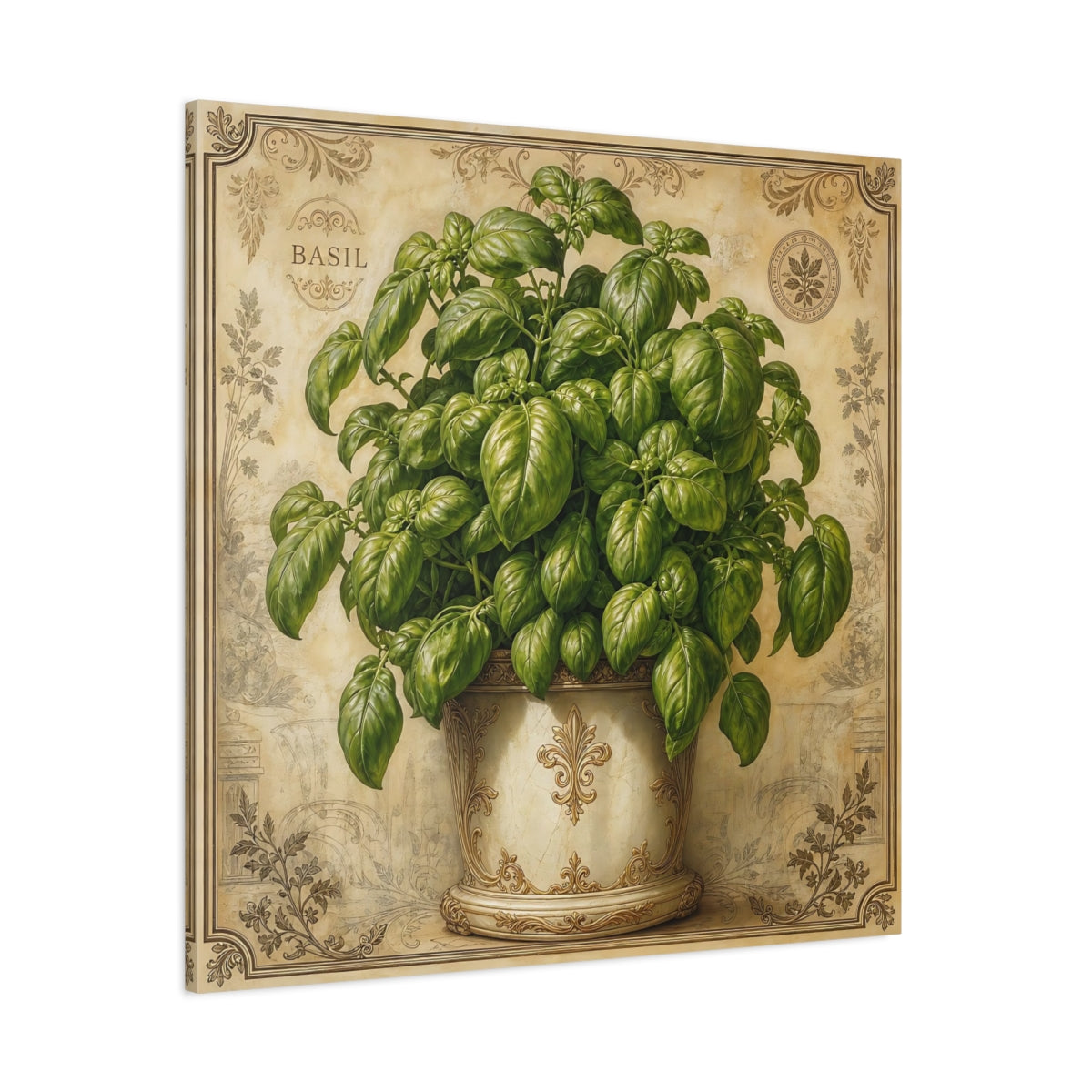 Side Mockup 1. Nature Basil Plant Green Basil Vintage shown as stretched canvas wall art