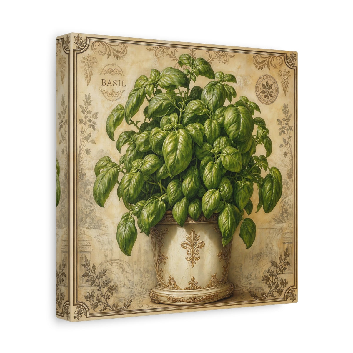 Side Mockup 9. Nature Basil Plant Green Basil Vintage shown as stretched canvas wall art