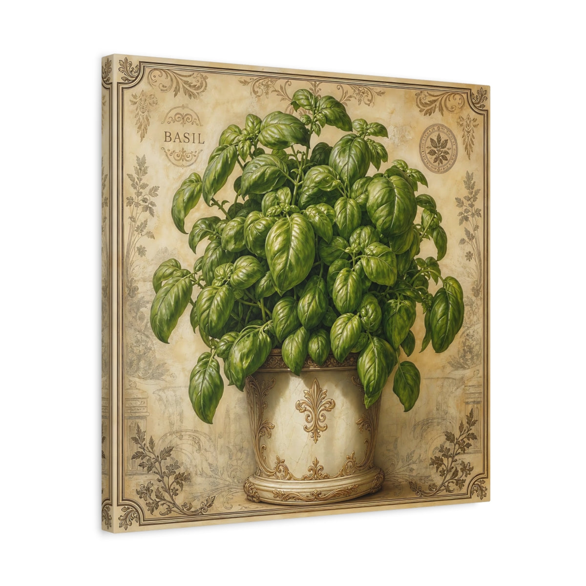Side Mockup 5. Nature Basil Plant Green Basil Vintage shown as stretched canvas wall art