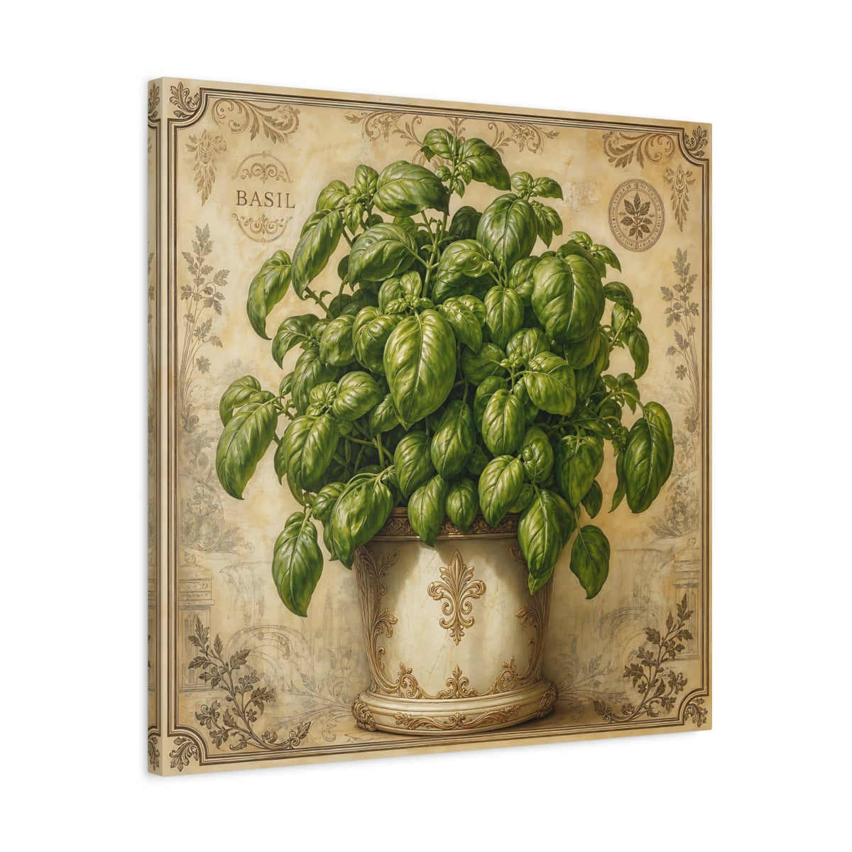 Side Mockup 4. Nature Basil Plant Green Basil Vintage shown as stretched canvas wall art