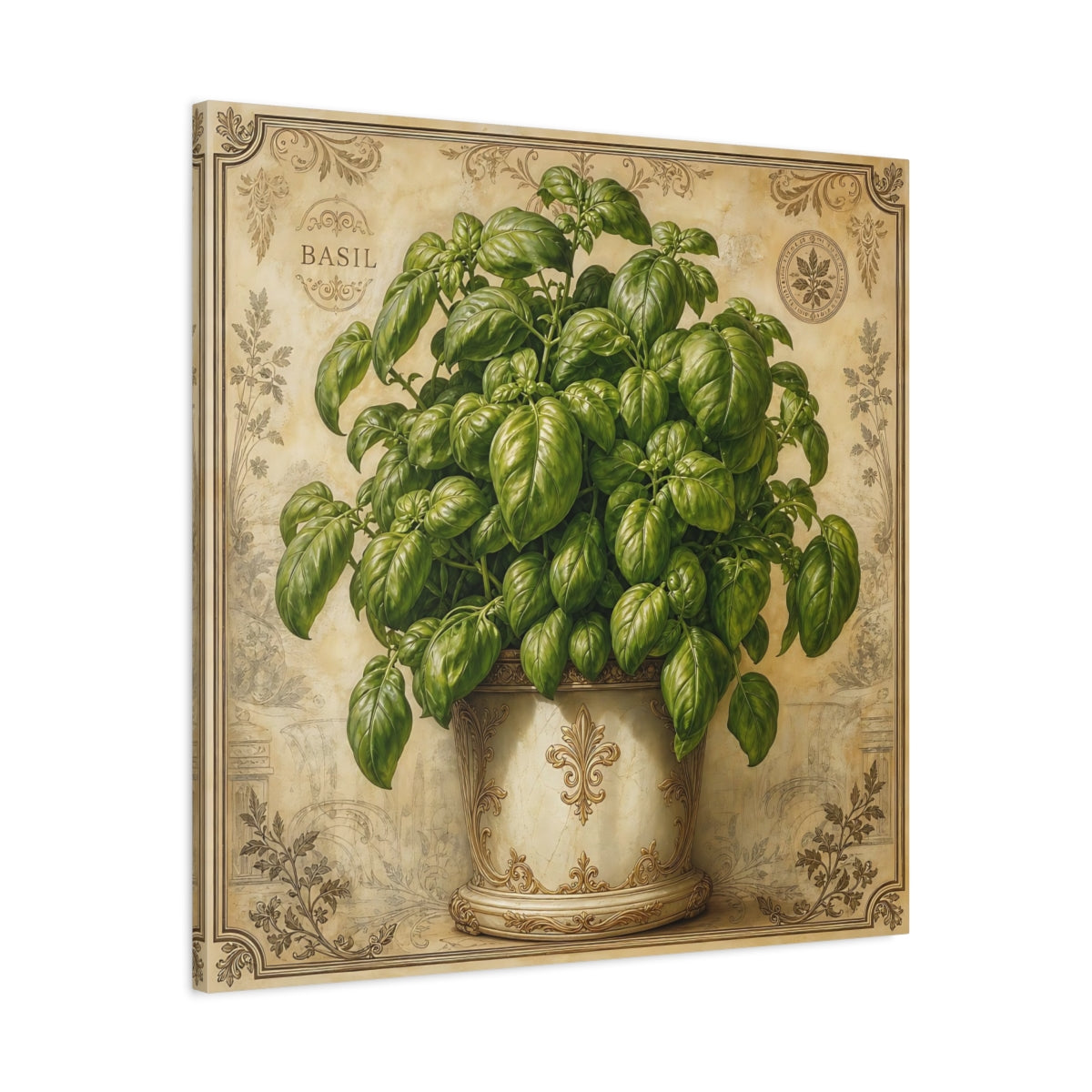 Side Mockup 3. Nature Basil Plant Green Basil Vintage shown as stretched canvas wall art