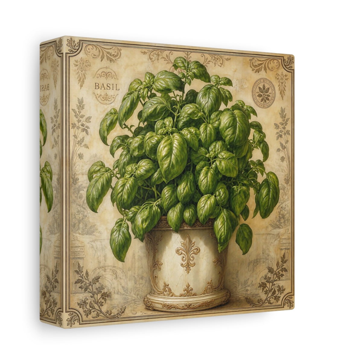 Side Mockup 2. Nature Basil Plant Green Basil Vintage shown as stretched canvas wall art