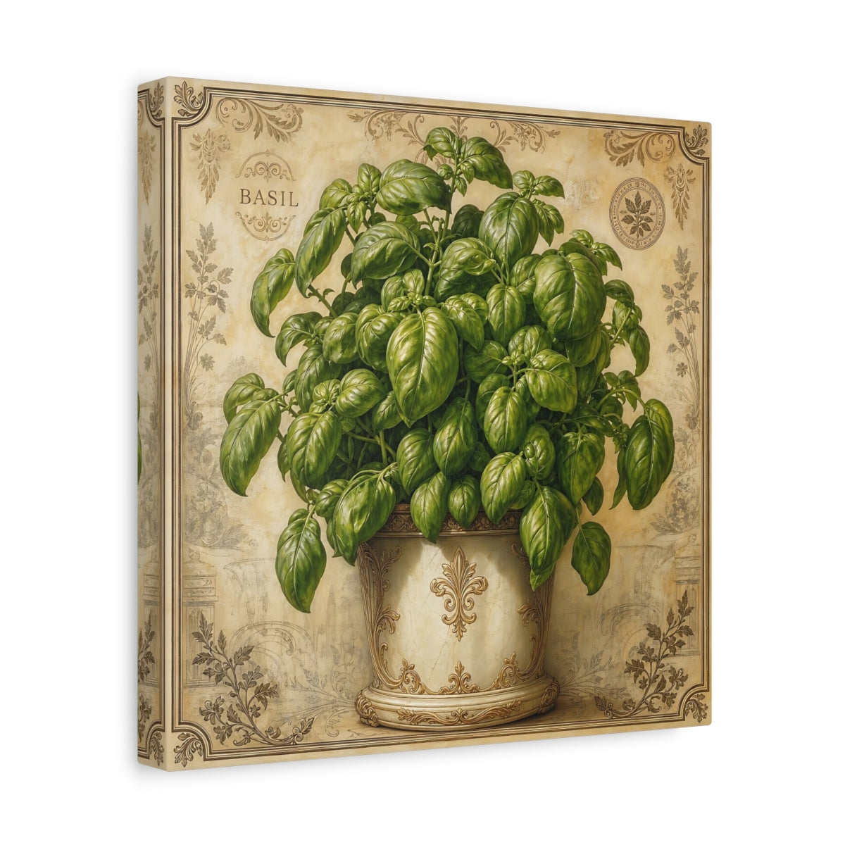 Side Mockup 8. Nature Basil Plant Green Basil Vintage shown as stretched canvas wall art