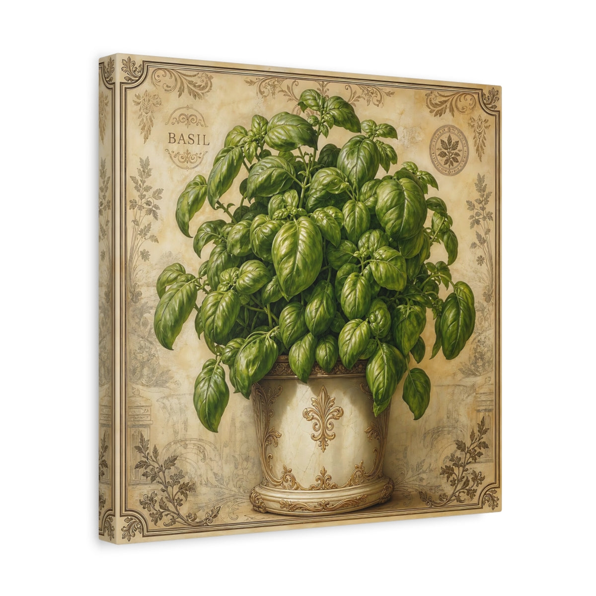 Side Mockup 7. Nature Basil Plant Green Basil Vintage shown as stretched canvas wall art