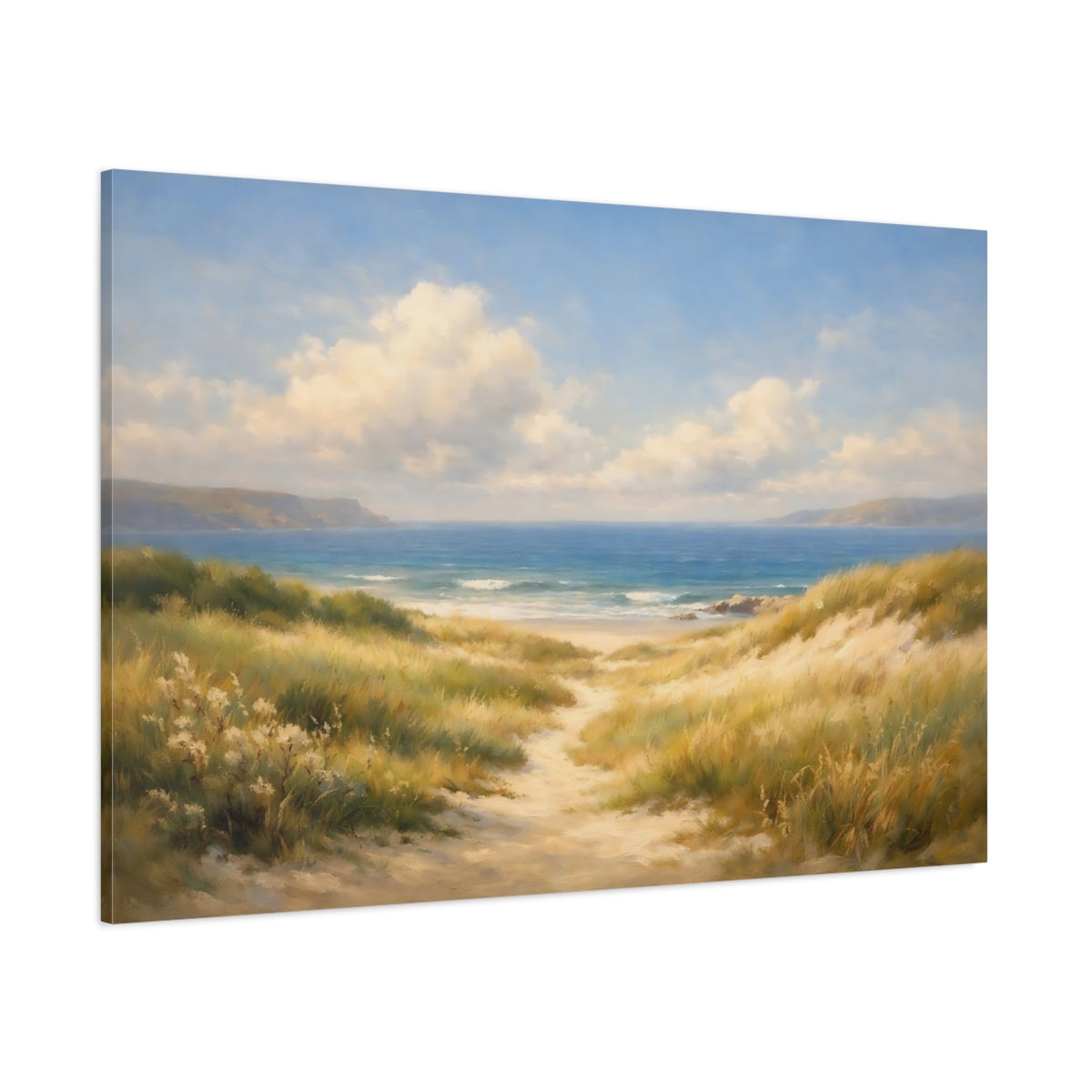 Main Mockup. Nature Beach Dunes Blue And Gold Beach shown as stretched canvas wall art