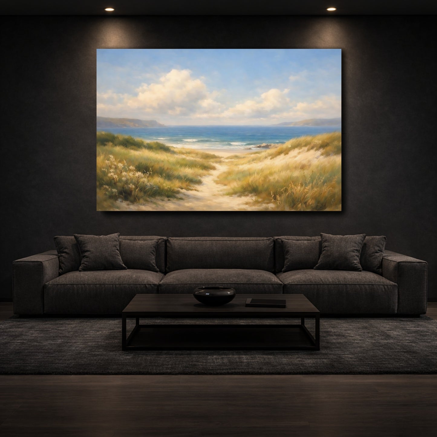 Mockup 2. Nature Beach Dunes Blue And Gold Beach shown as stretched canvas wall art
