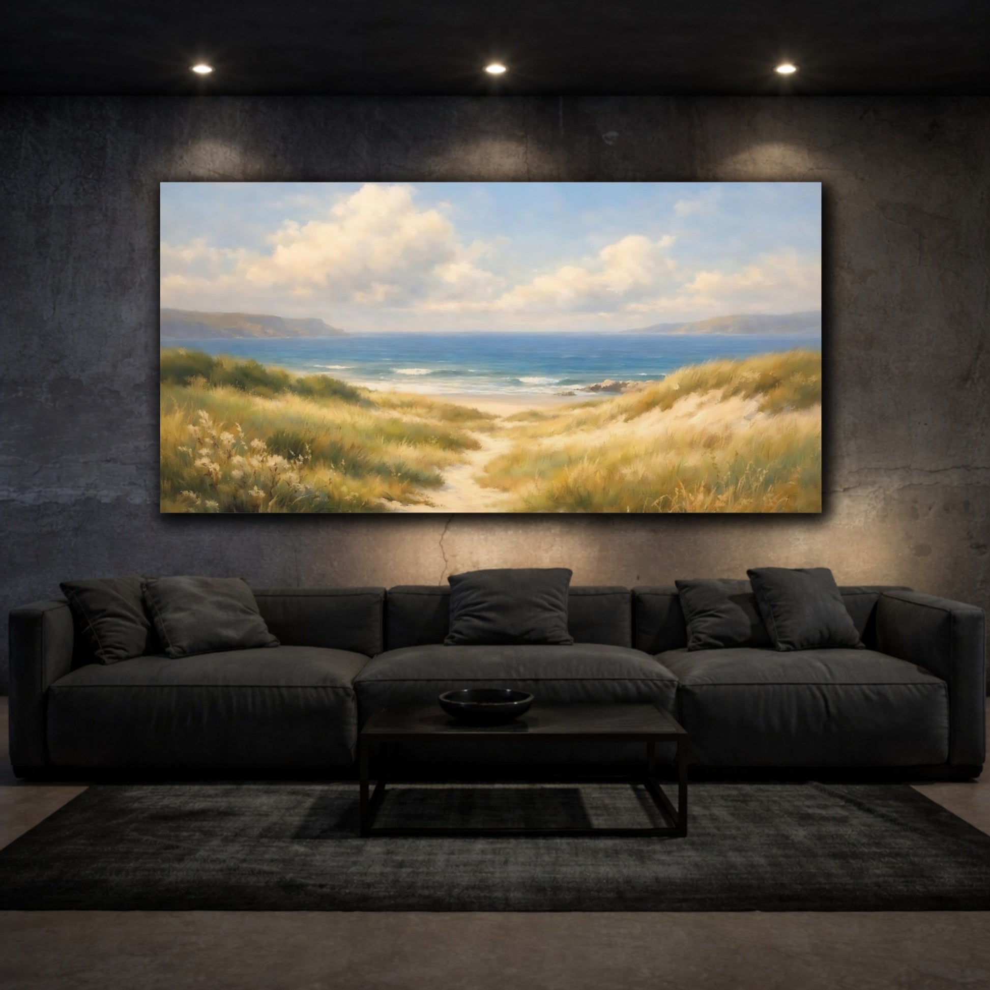Mockup 2. Nature Beach Dunes Blue And Gold Beach shown as stretched canvas wall art
