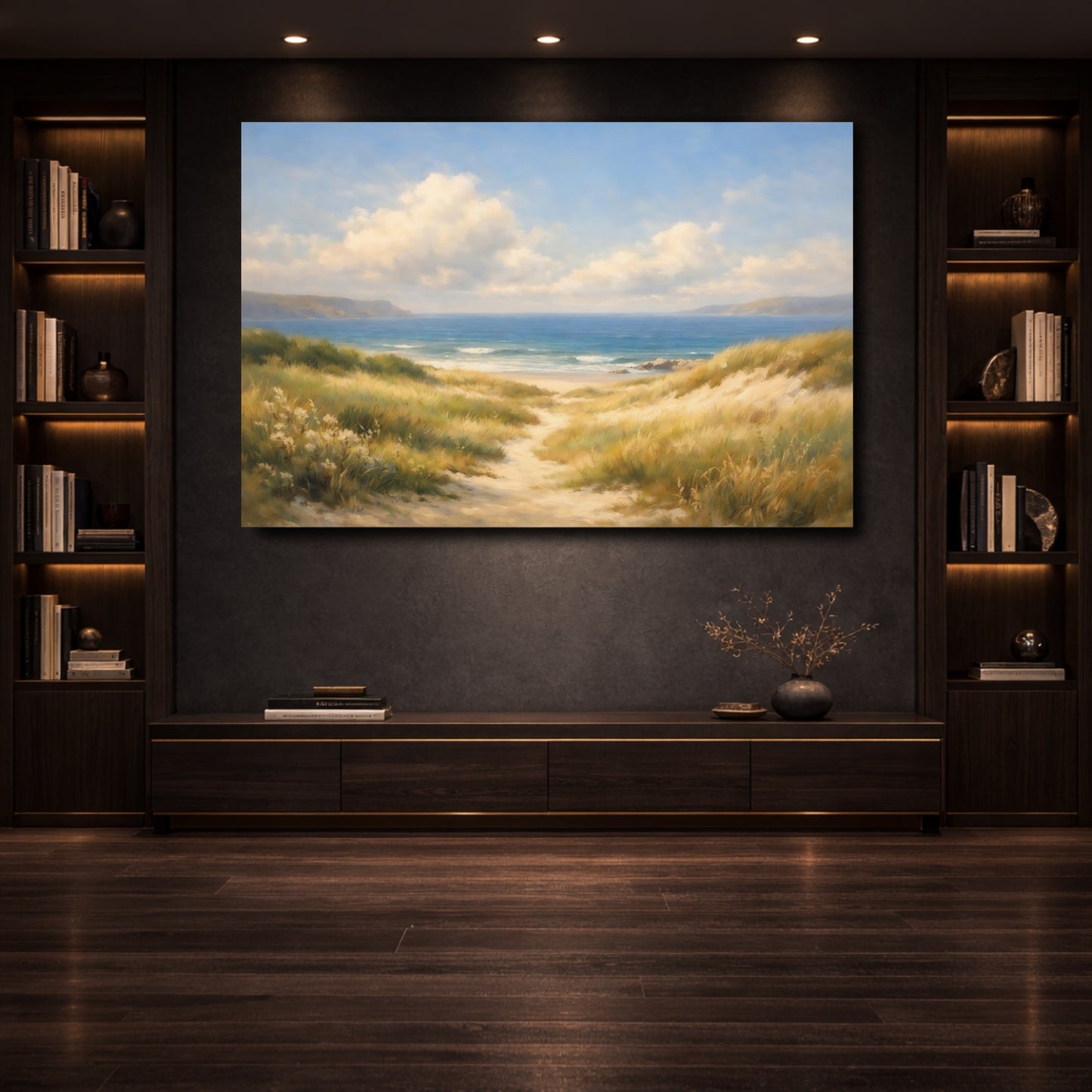 Mockup 3. Nature Beach Dunes Blue And Gold Beach shown as stretched canvas wall art