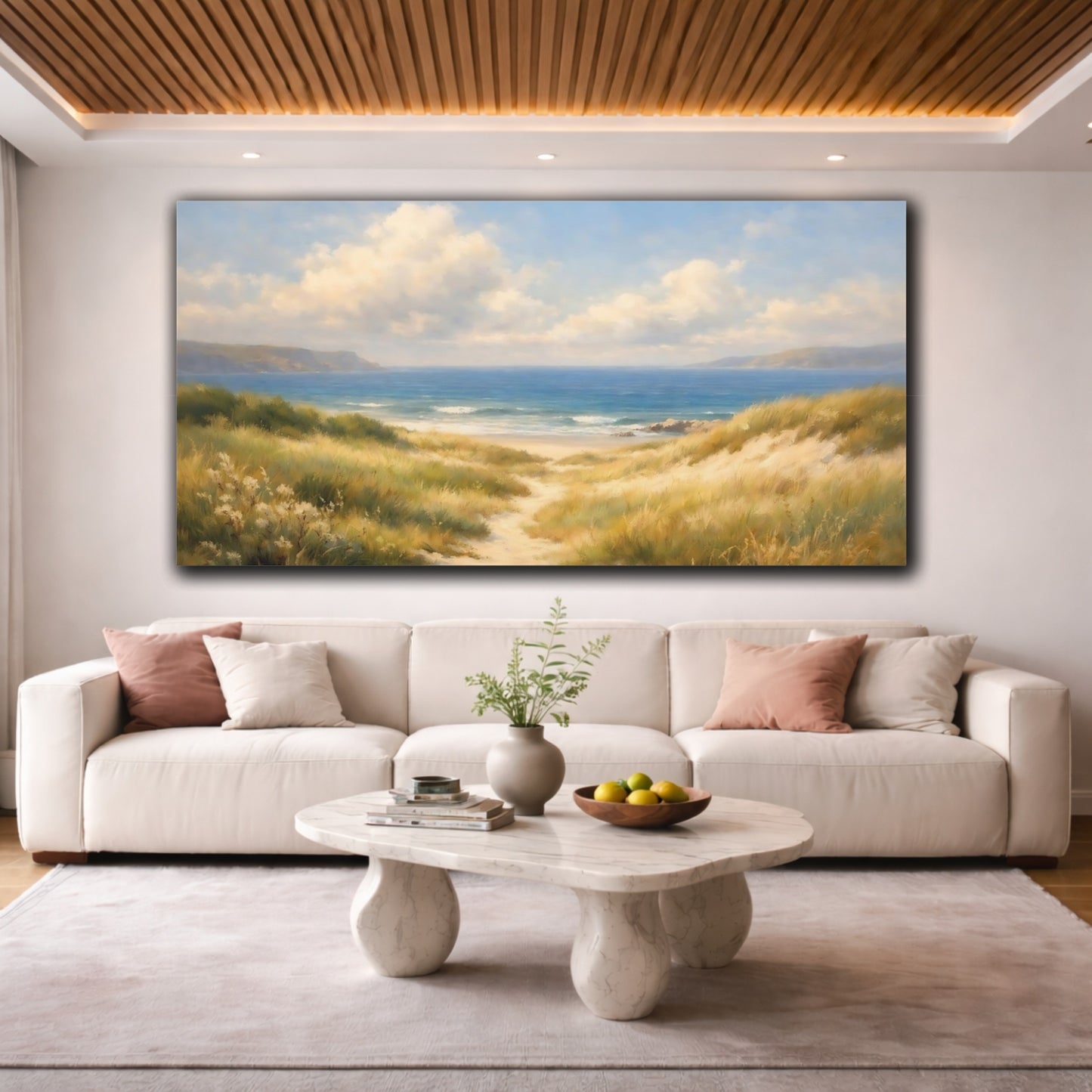 Mockup 3. Nature Beach Dunes Blue And Gold Beach shown as stretched canvas wall art
