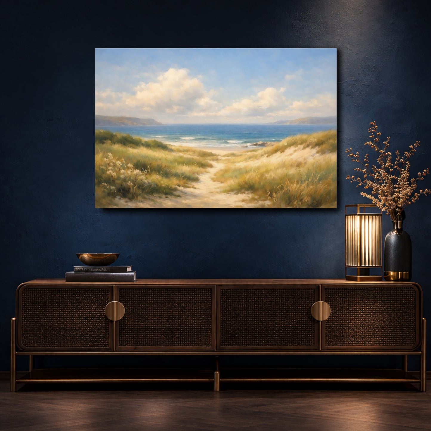 Mockup 4. Nature Beach Dunes Blue And Gold Beach shown as stretched canvas wall art