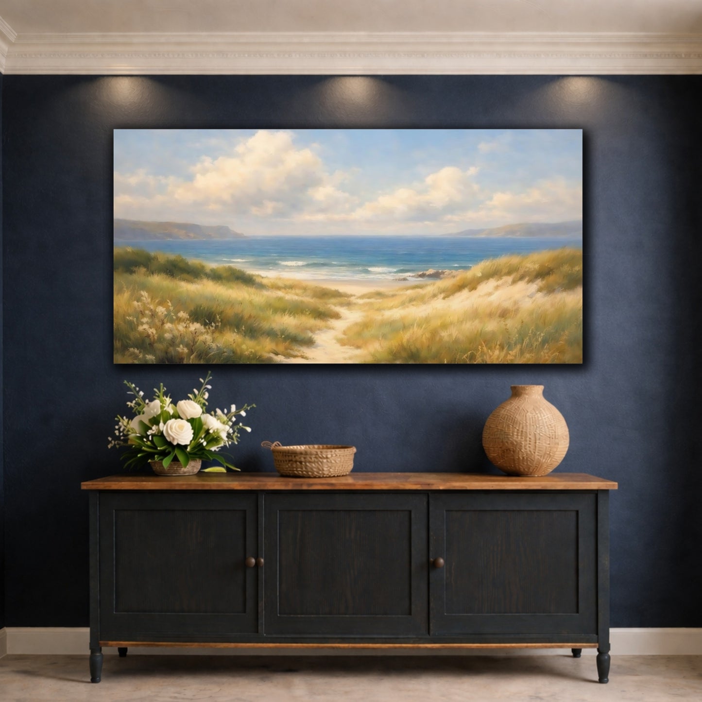 Mockup 4. Nature Beach Dunes Blue And Gold Beach shown as stretched canvas wall art