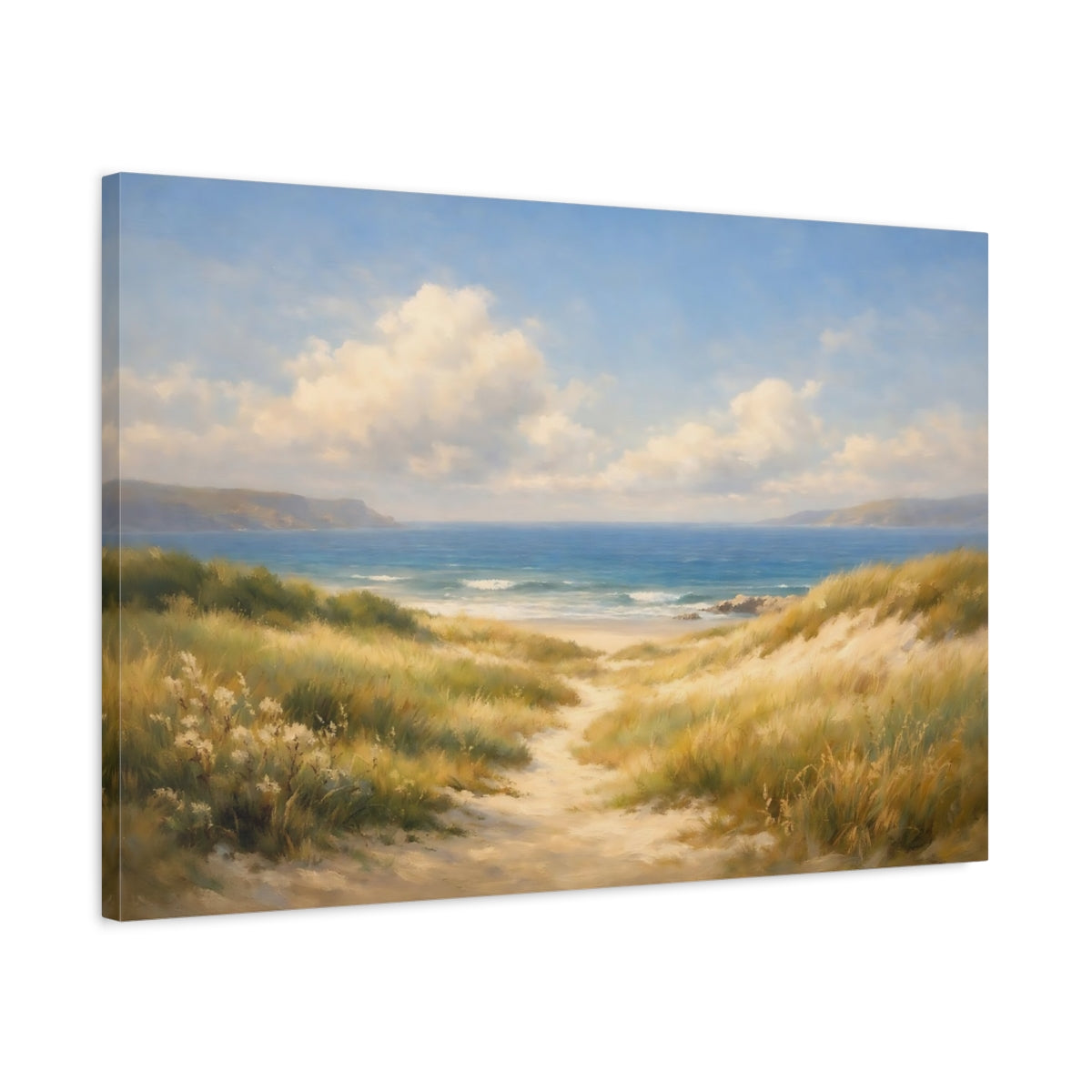 Side Mockup 2. Nature Beach Dunes Blue And Gold Beach shown as stretched canvas wall art