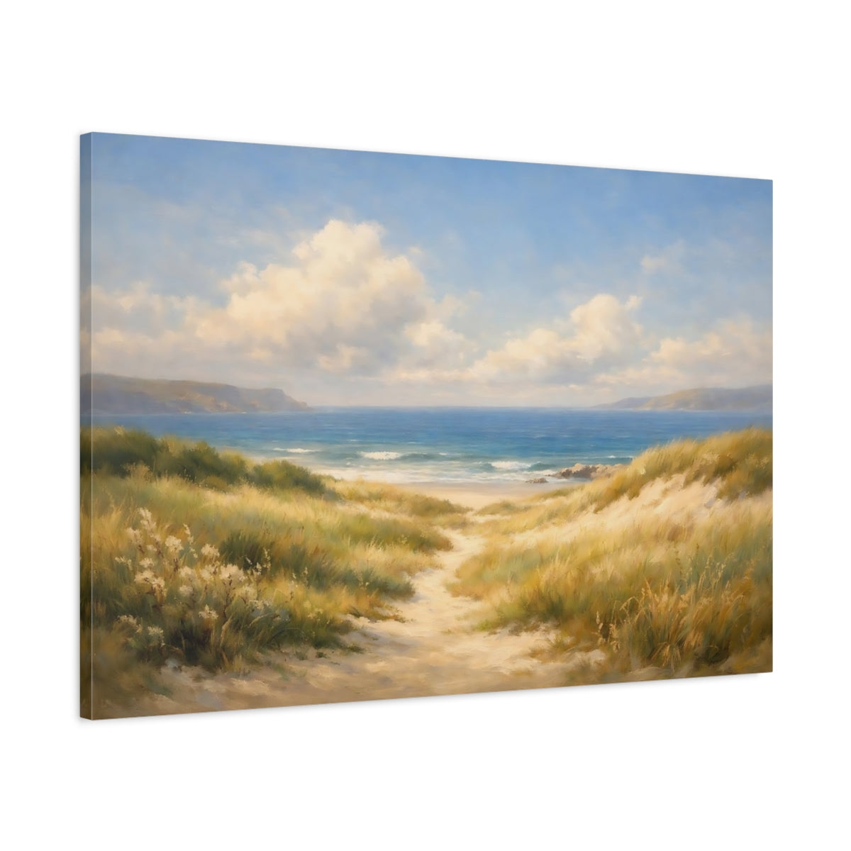 Side Mockup 1. Nature Beach Dunes Blue And Gold Beach shown as stretched canvas wall art