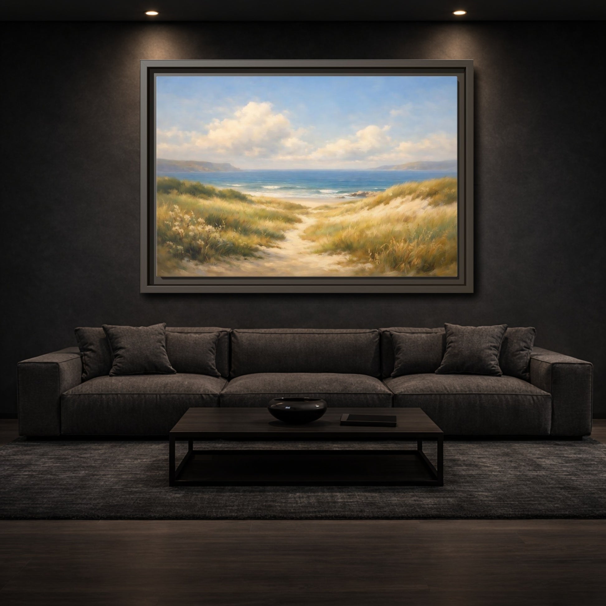 Mockup 2. Nature Beach Dunes Blue And Gold Coastal shown as stretched canvas wall art
