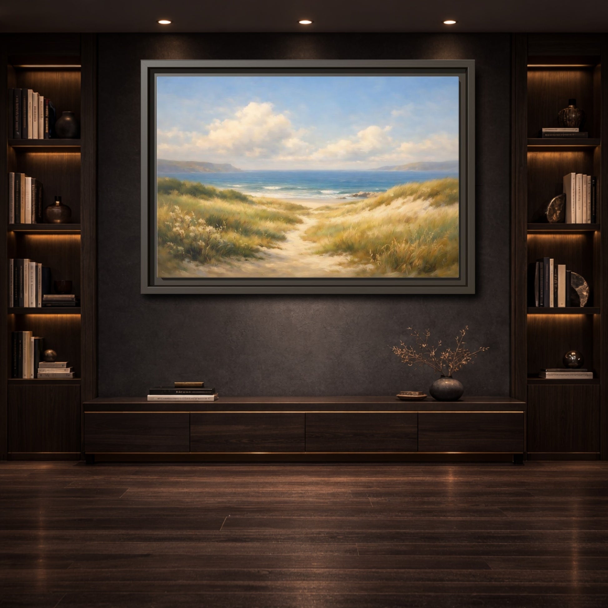 Mockup 3. Nature Beach Dunes Blue And Gold Coastal shown as stretched canvas wall art