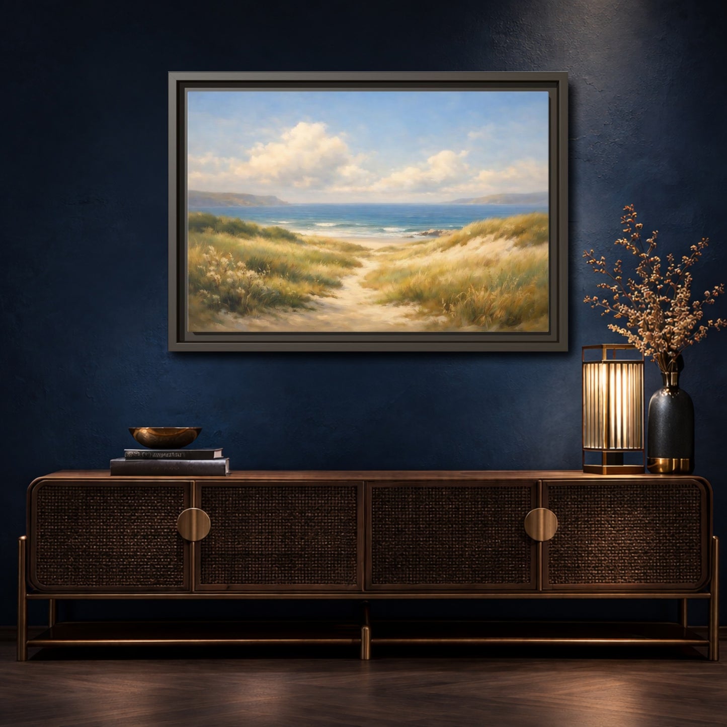 Mockup 4. Nature Beach Dunes Blue And Gold Coastal shown as stretched canvas wall art