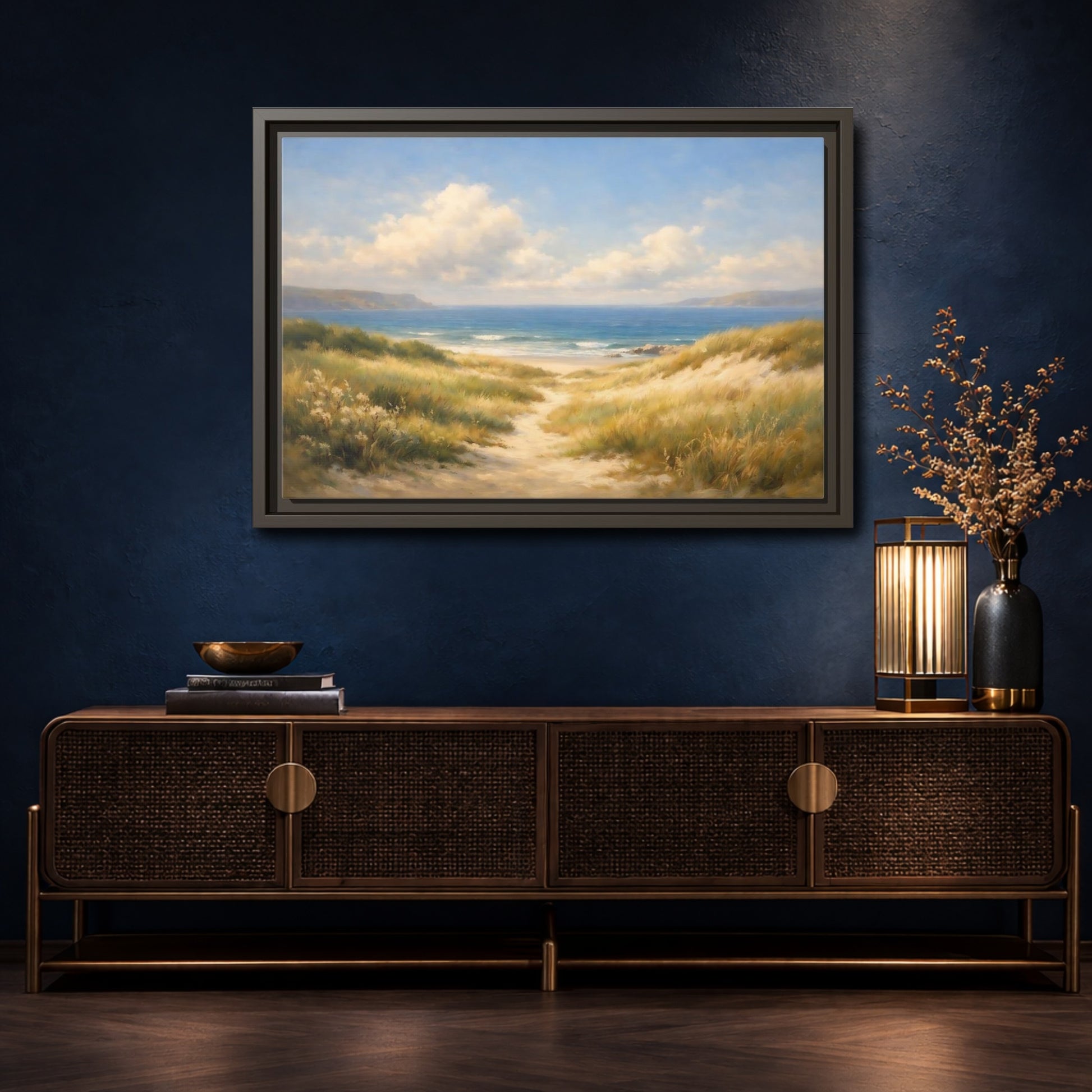 Mockup 4. Nature Beach Dunes Blue And Gold Coastal shown as stretched canvas wall art
