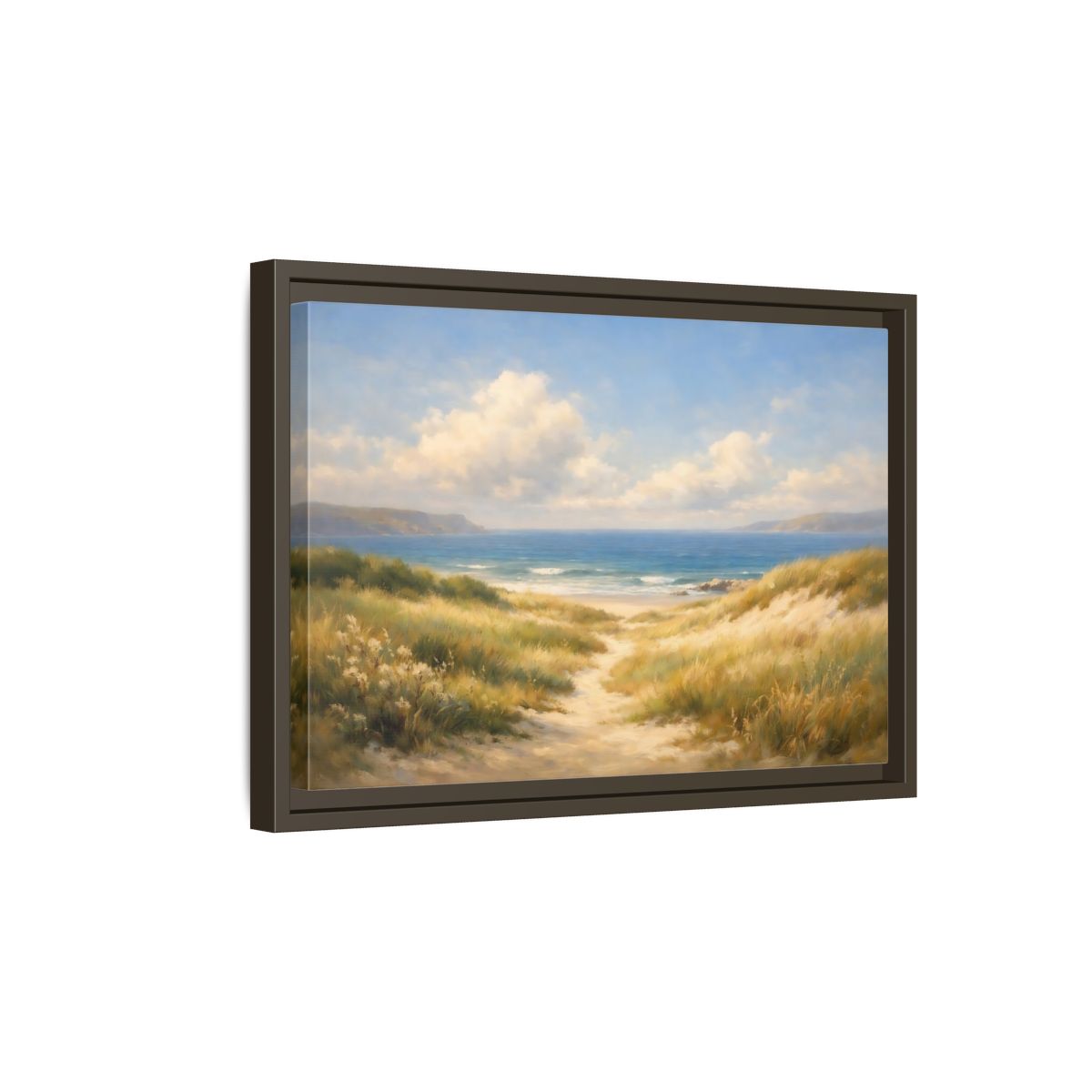 Side Mockup 5. Nature Beach Dunes Blue And Gold Coastal shown as stretched canvas wall art