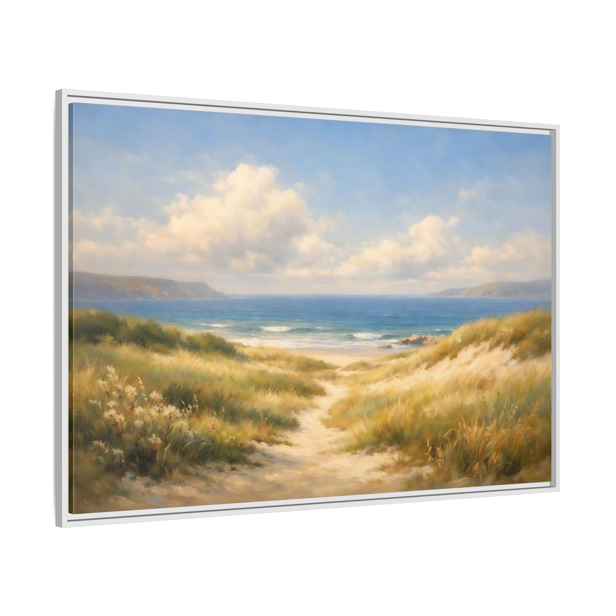 Side Mockup 7. Nature Beach Dunes Blue And Gold Coastal shown as stretched canvas wall art