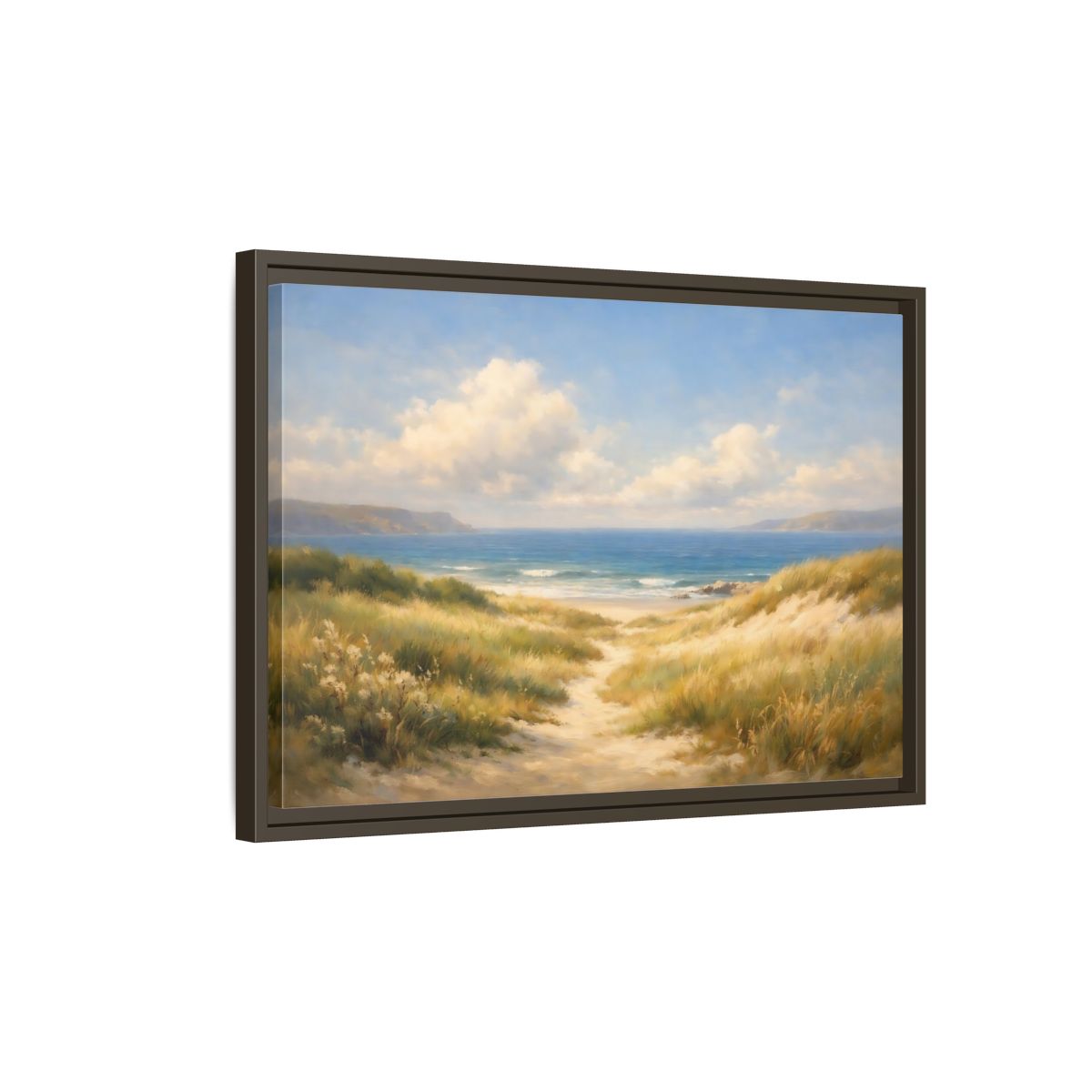 Side Mockup 2. Nature Beach Dunes Blue And Gold Coastal shown as stretched canvas wall art