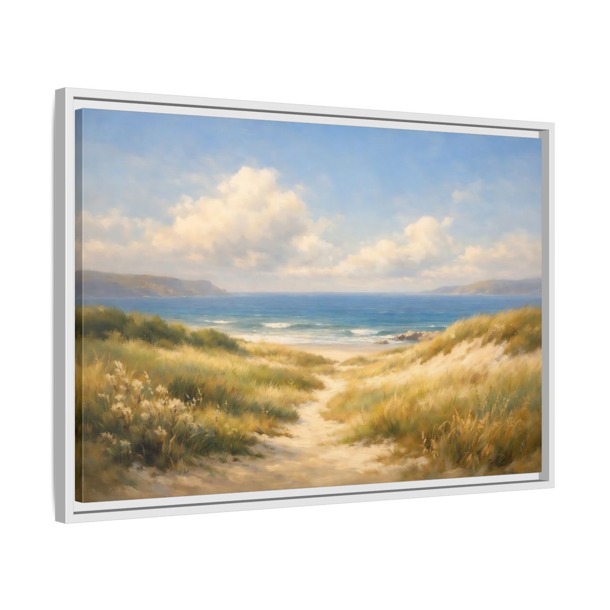 Side Mockup 10. Nature Beach Dunes Blue And Gold Coastal shown as stretched canvas wall art