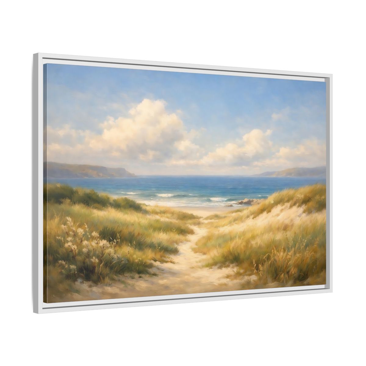 Side Mockup 8. Nature Beach Dunes Blue And Gold Coastal shown as stretched canvas wall art