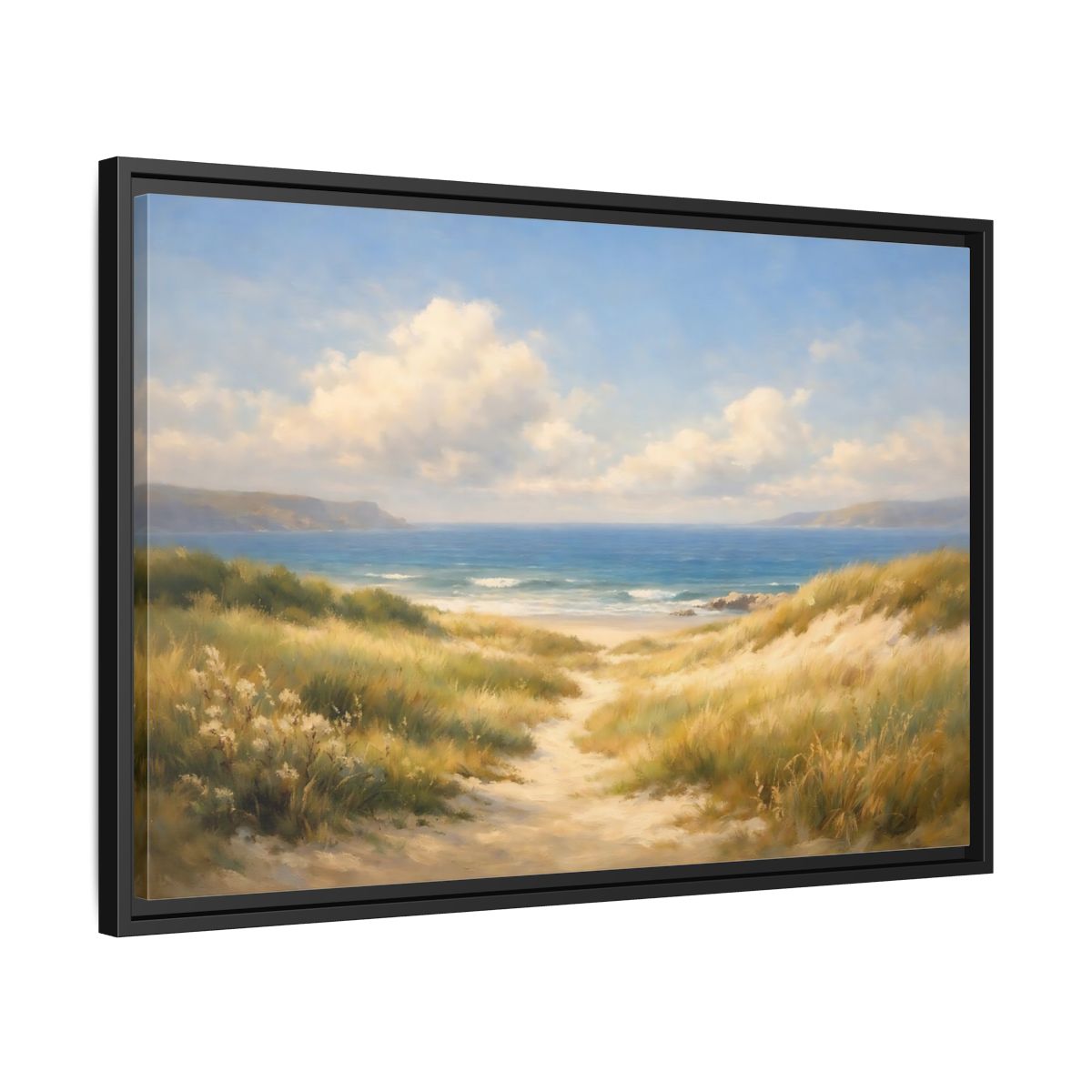 Side Mockup 14. Nature Beach Dunes Blue And Gold Coastal shown as stretched canvas wall art