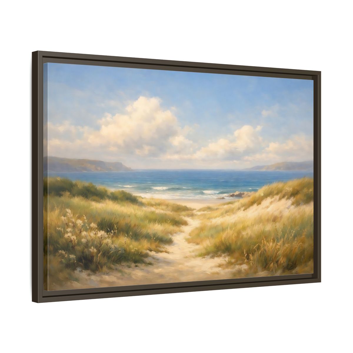 Side Mockup 11. Nature Beach Dunes Blue And Gold Coastal shown as stretched canvas wall art