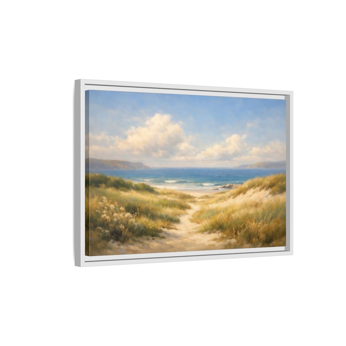 Side Mockup 1. Nature Beach Dunes Blue And Gold Coastal shown as stretched canvas wall art