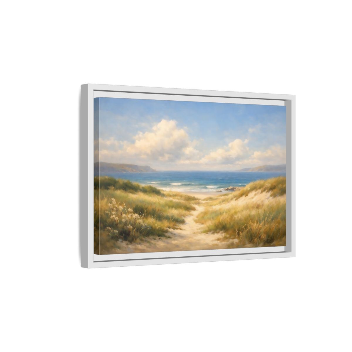 Side Mockup 4. Nature Beach Dunes Blue And Gold Coastal shown as stretched canvas wall art