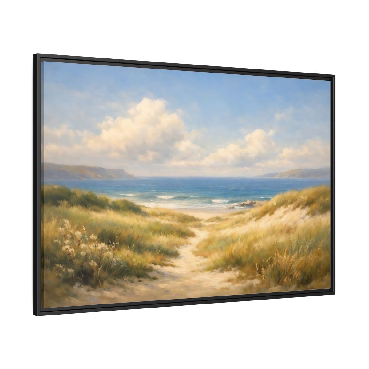 Side Mockup 12. Nature Beach Dunes Blue And Gold Coastal shown as stretched canvas wall art