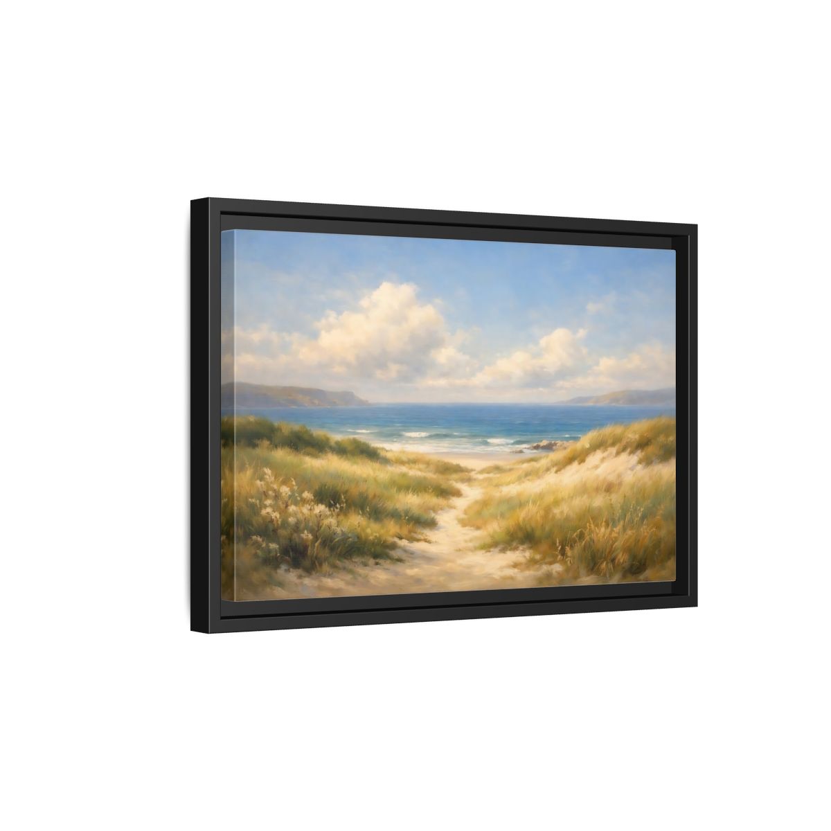 Side Mockup 6. Nature Beach Dunes Blue And Gold Coastal shown as stretched canvas wall art