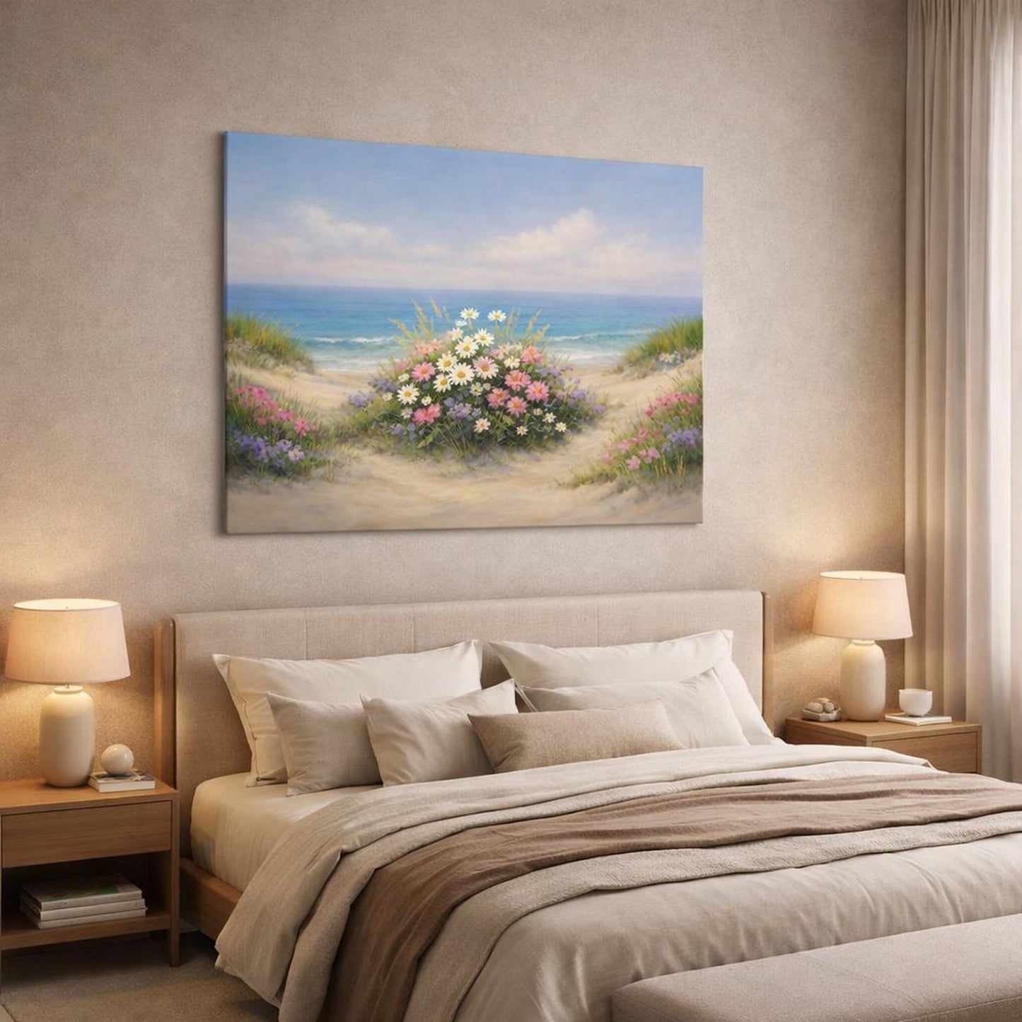 Nature Beach Flowers shown as canvas wall art in a luxury bedroom