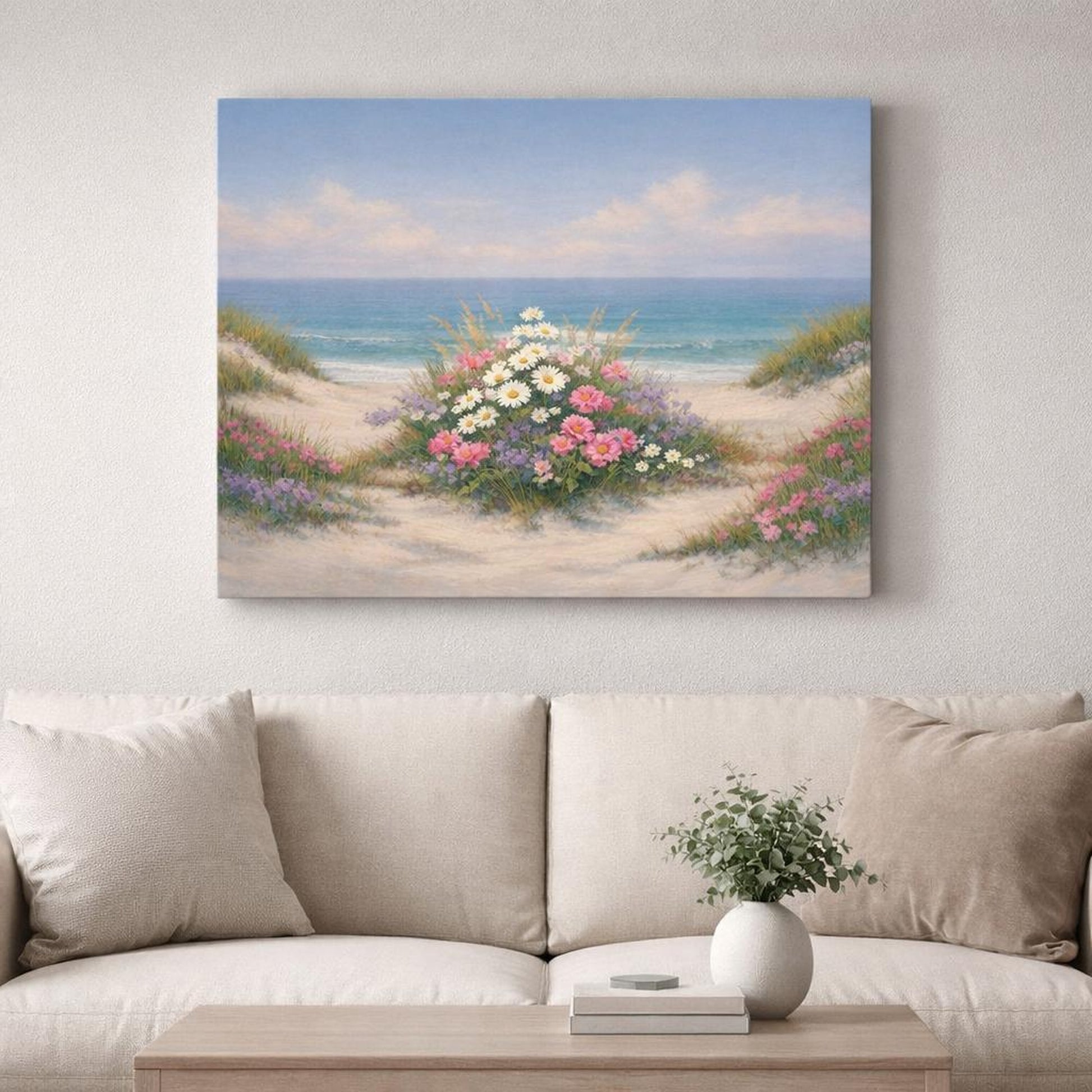 Nature Beach Flowers shown as canvas wall art in a refined dining room