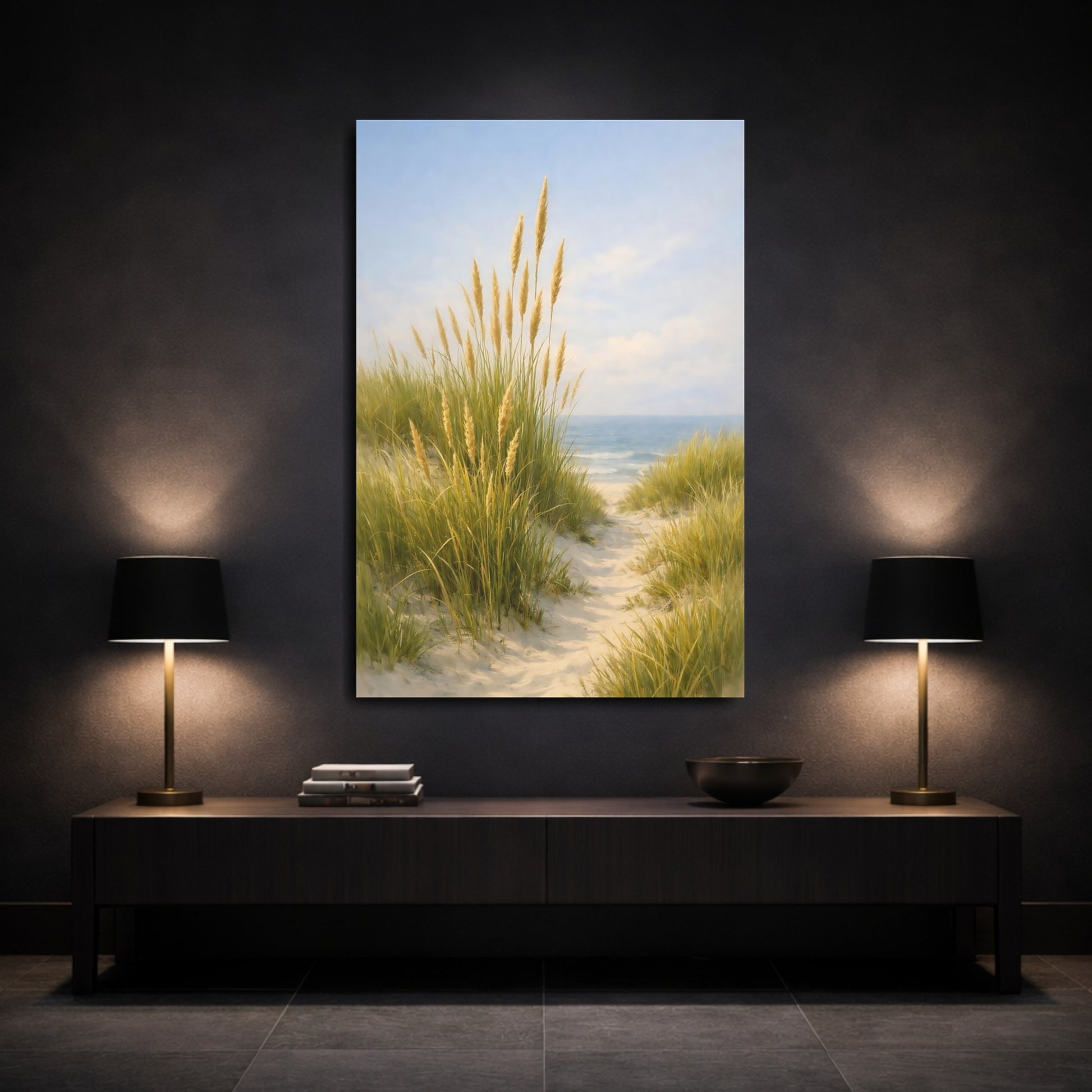 Mockup 2. Nature Beach Grass Green And Blue Landscape shown as stretched canvas wall art