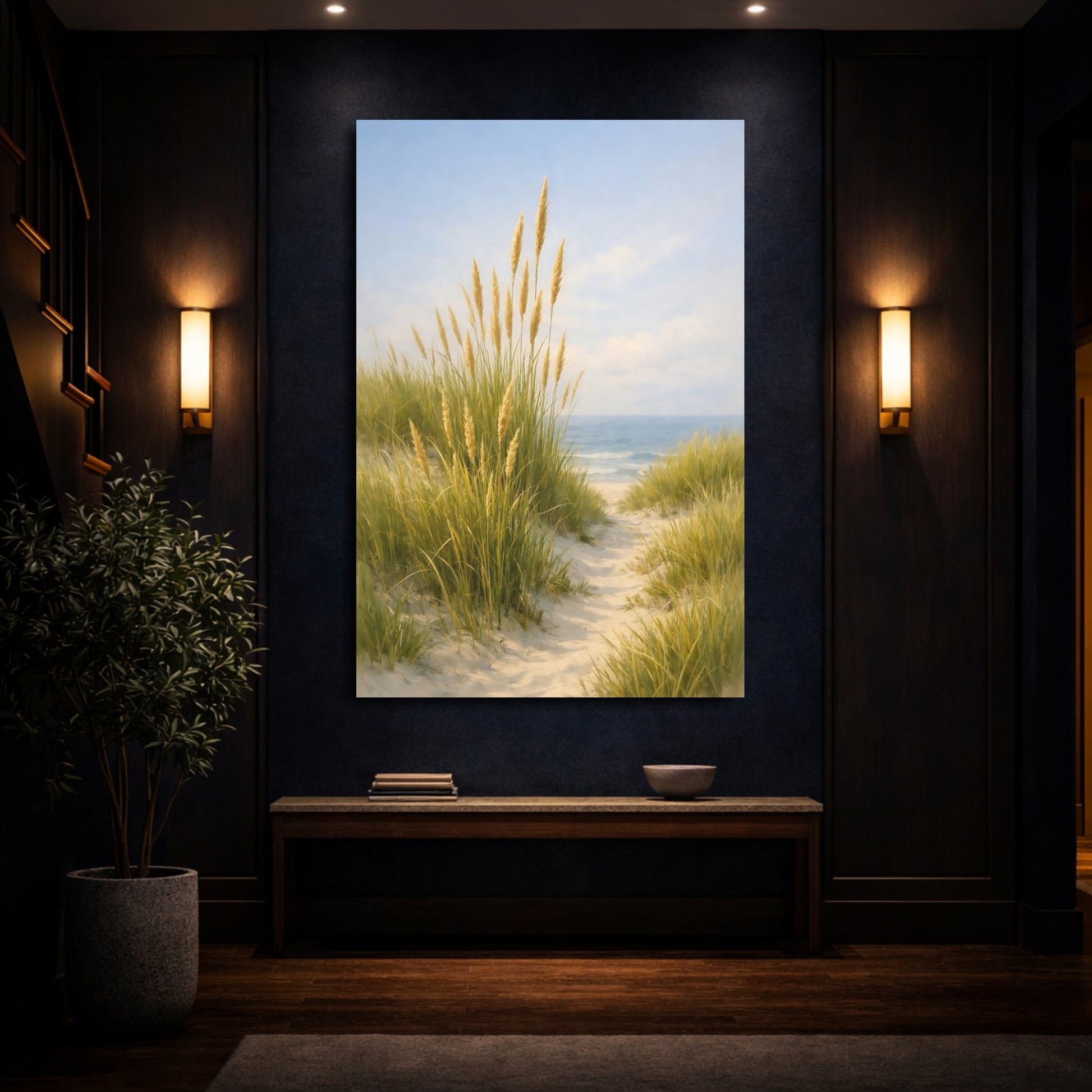 Mockup 3. Nature Beach Grass Green And Blue Landscape shown as stretched canvas wall art
