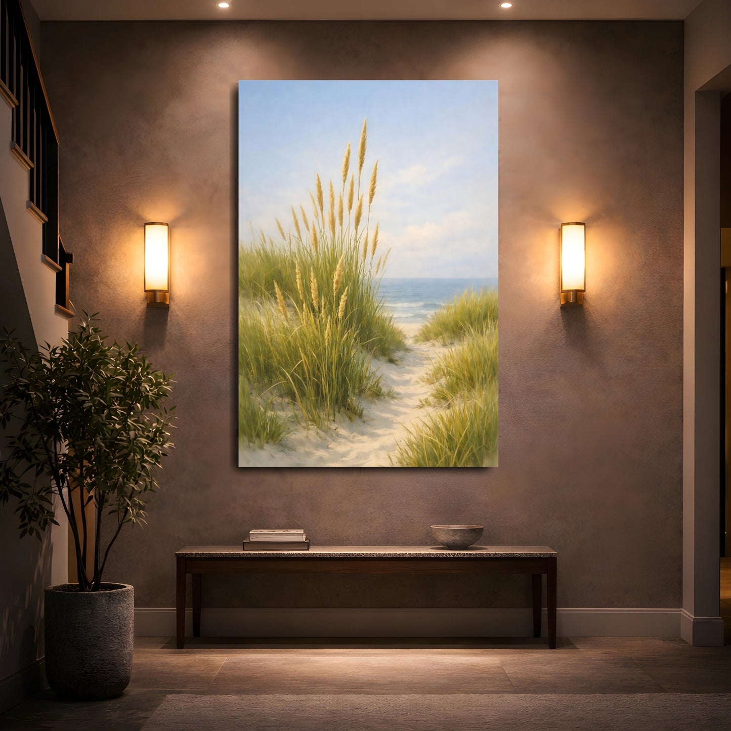 Mockup 4. Nature Beach Grass Green And Blue Landscape shown as stretched canvas wall art
