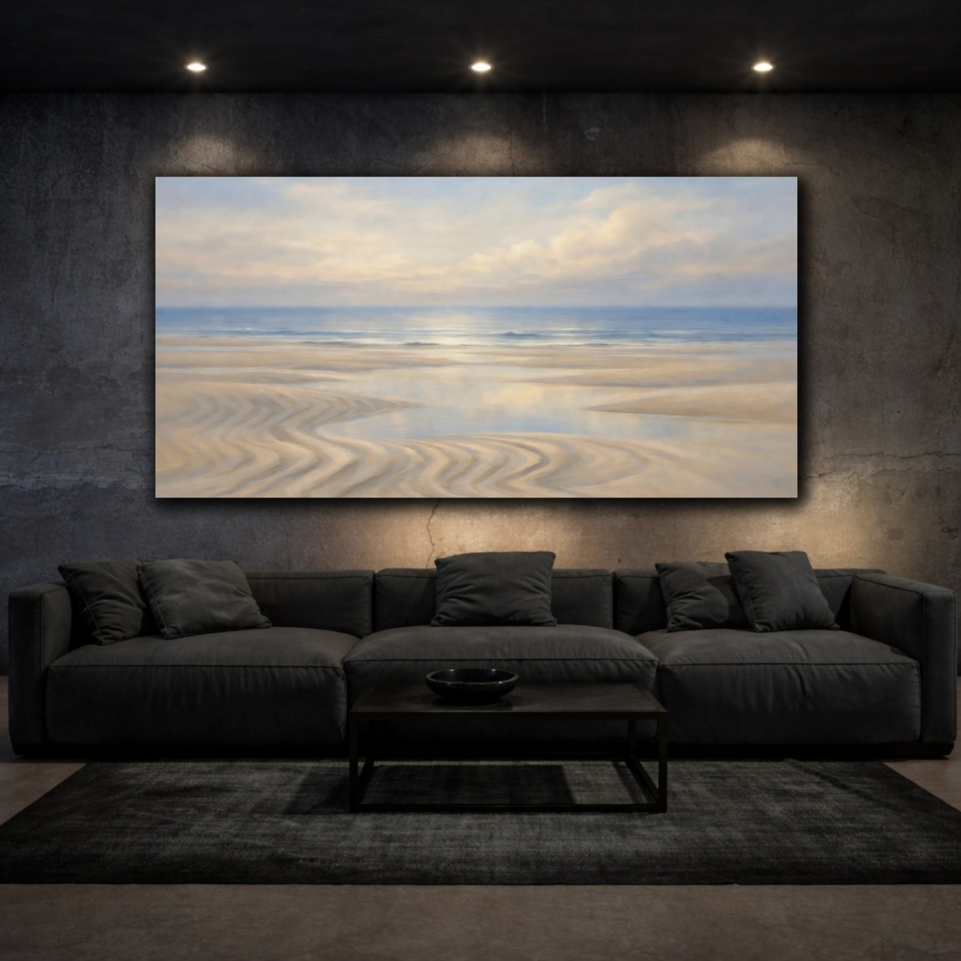 Mockup 2. Nature Beach Landscape Blue And Sand shown as stretched canvas wall art